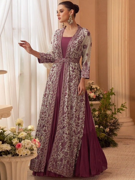 Anarkali Dress - Wine Purple Chinon Silk Heavy Embroidered - Anarkali Suit