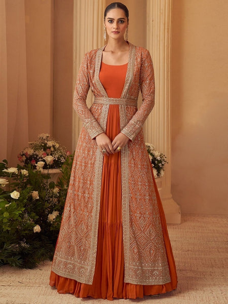  Indian Wedding Dress - Rust Orange Chinnon Silk Heavy Embroidered  - Anarkali Suit