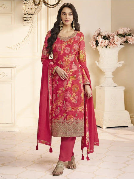  Indian Dress - Coral pink Embroidered Chinon Digital Printed Straight Cut