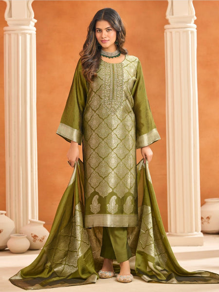 Green Indian Dress - Olive Green Intricate Embroidered Straight Cut Luxury Festive Wear