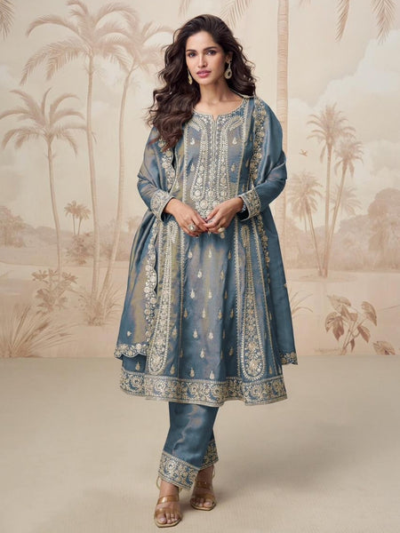  Salwar Kameez - Steel Blue Simar Silk Zari Work Luxury