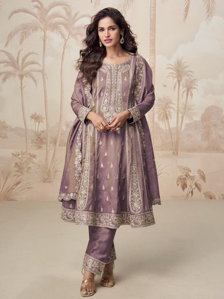  Salwar Kameez - Mauve Simar Silk Heavy Embroidered Straight