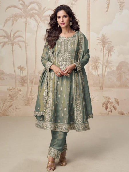  Salwar Kameez - Sage Green Simar Silk Intricate Zari Work