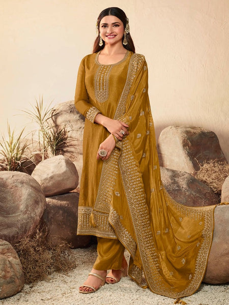  Salwar Kameez - Mustard Yellow Art Silk Embroidered Festive Wear