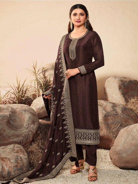  Salwar Kameez - Chocolate Brown Art Silk Embroidered