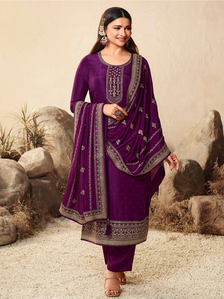  Salwar Kameez - Royal Purple Art Silk Embroidered Straight Cut