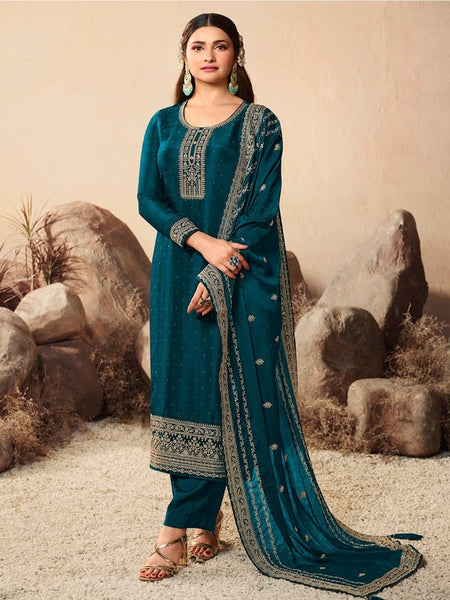  Salwar Kameez - Teal Blue Art Silk Embroidered Straight Cut