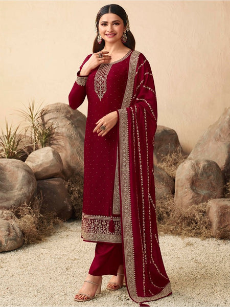  Salwar Kameez - Ruby Red Art Silk Embroidered Straight Cut