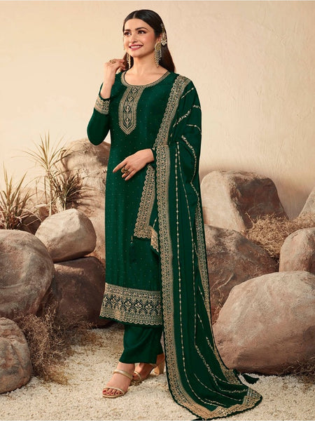  Salwar Kameez - Emerald Green Art Silk Embroidered Straight Cut
