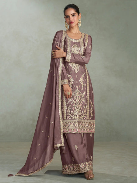 Party Indian Dress - Mauve Chinnon Silk Heavy Embroidered Palazzo