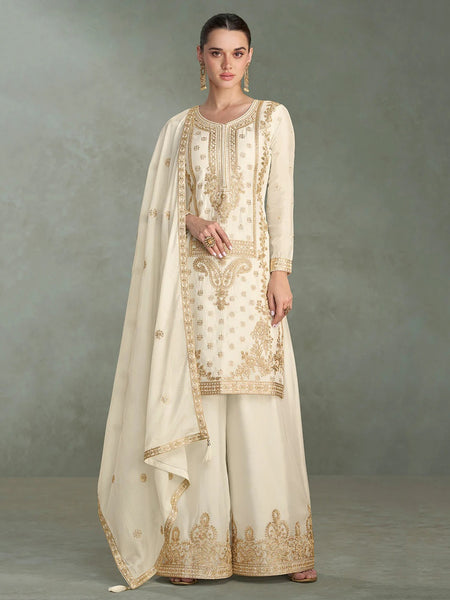 Party Indian Dress - Ivory Chinnon Silk Heavy Embroidered Palazzo