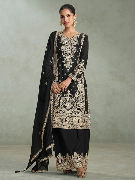 Party Indian Dress - Black Chinnon Silk Heavy Embroidered Palazzo