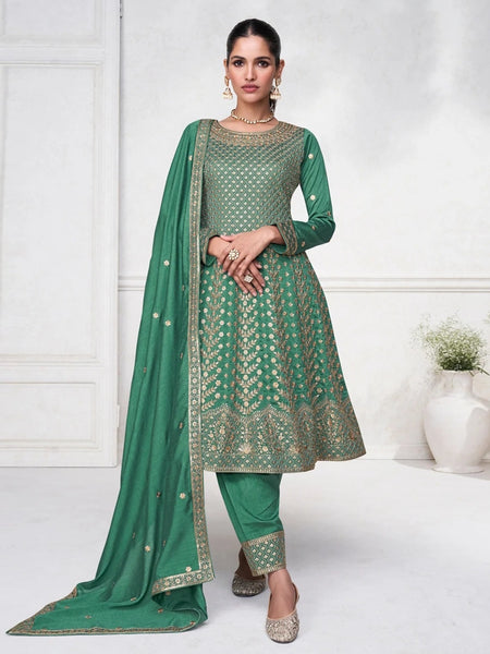 Pant Salwar Kameez - Emerald Green Premium Silk Heavy Embroidered A-Line
