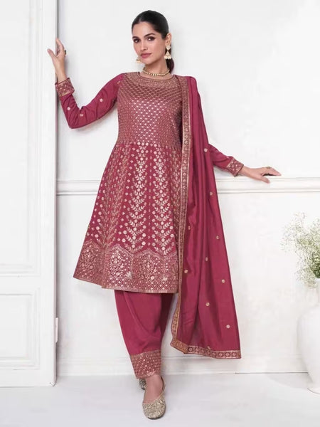 Pant Salwar Kameez - Wine Premium Silk Heavy Embroidered A-Line