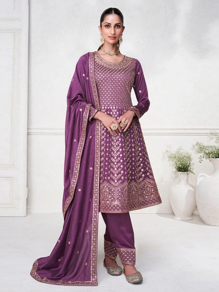 Pant Salwar Kameez - Royal Plum Premium Silk Intricate Embroidered A-Line