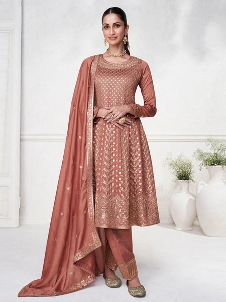 Pant Salwar Kameez - Dusty Rose Premium Silk Intricate Embroidered A-Line