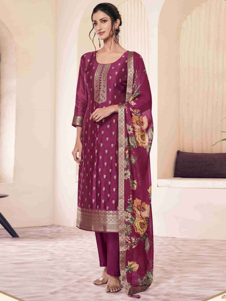 Red Indian Dress - Lotus Silk Jacquard