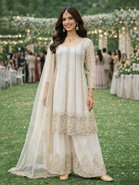 Pant Indian Dress - Ivory White Chinon Silk Mirror Embroidered Elegant