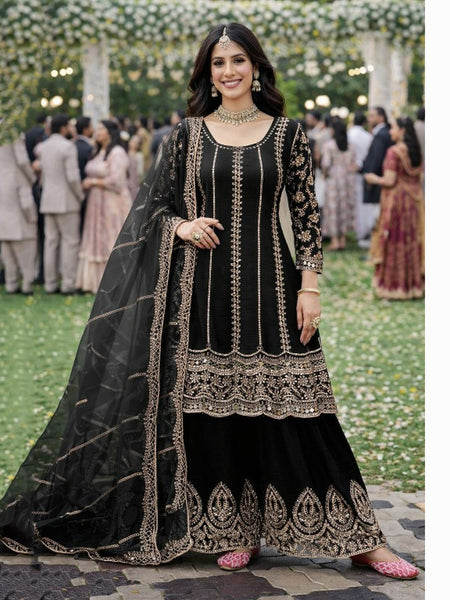 Pant Indian Dress - Jet Black Chinon Silk Heavy Dori Embroidered