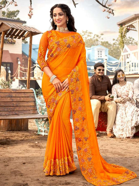 Orange Saree - Embroidered Art Silk