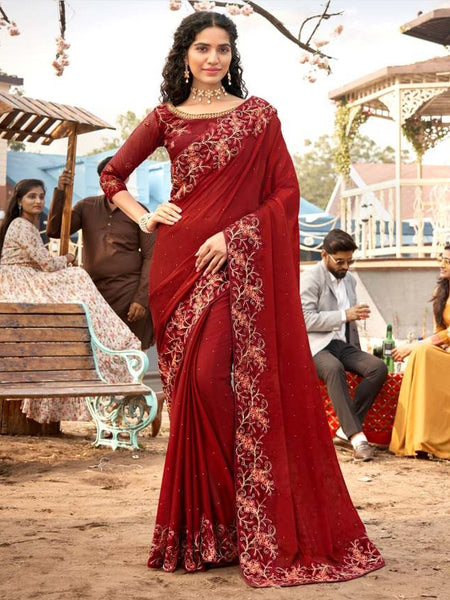 Red Saree - Embroidered Art Silk