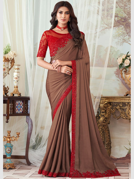 Red Saree - Embroidery Art Silk