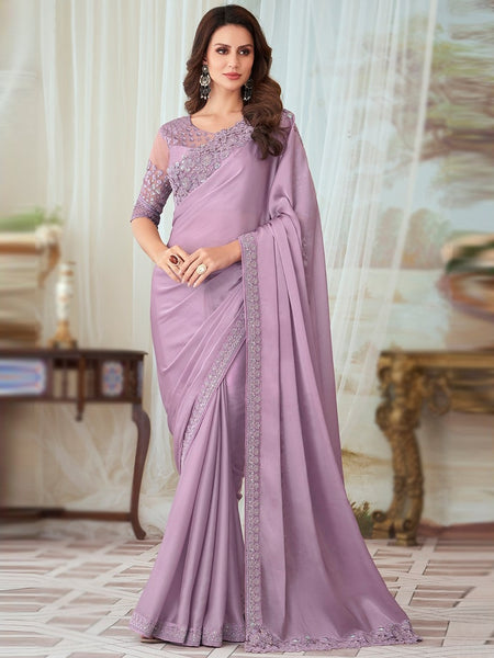 Purple Saree - Embroidery Art Silk