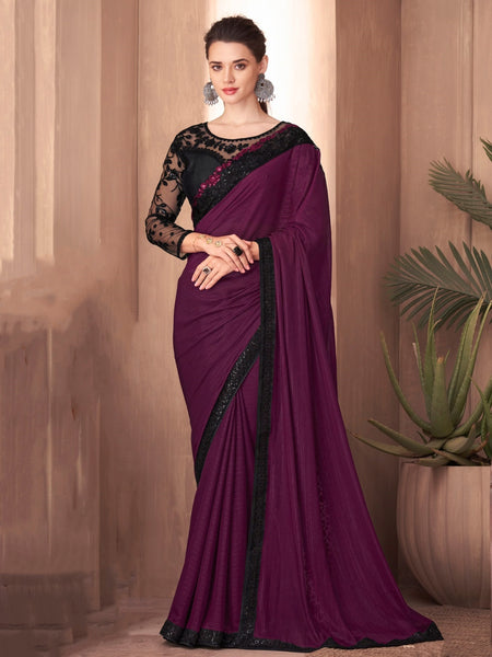Purple Saree - Satin Silk Embroidery