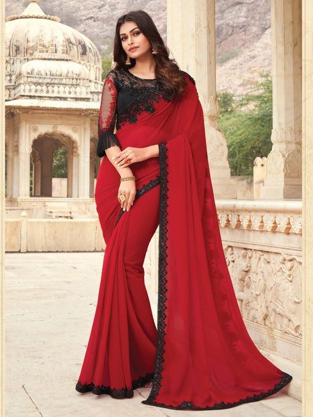 Red Saree - Embroidery on Art Silk