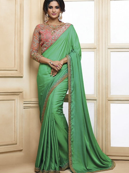 Green Saree - Satin Embroidery
