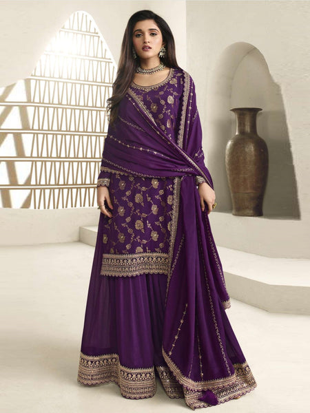 Straight Indian Dress - Chinon Jacquard Embroidery