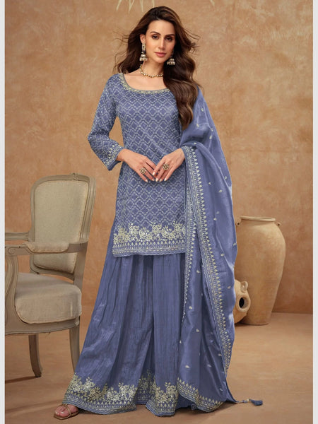 Blue Salwar Kameez - Embroidery Gold Silk