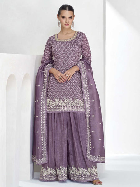 Purple Salwar Kameez - Embroidered Chinon Silk