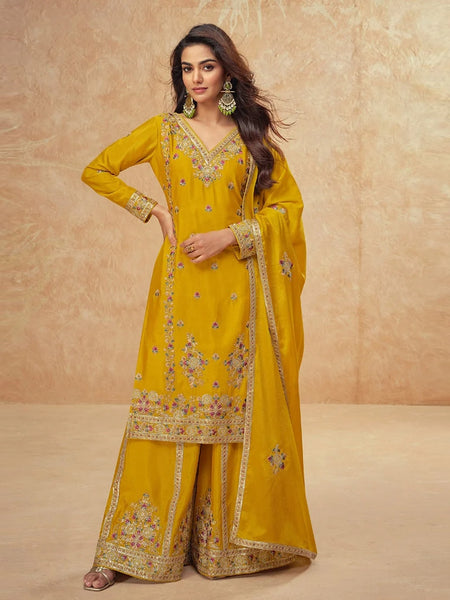 Yellow Salwar Kameez - Embroidered Silk Chinon