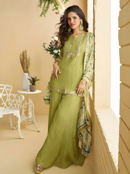 Plus-Sizes Salwar Kameez - Pistachio Green Chinon Silk Heavy Embroidered Palazzo Luxury Festive Wear
