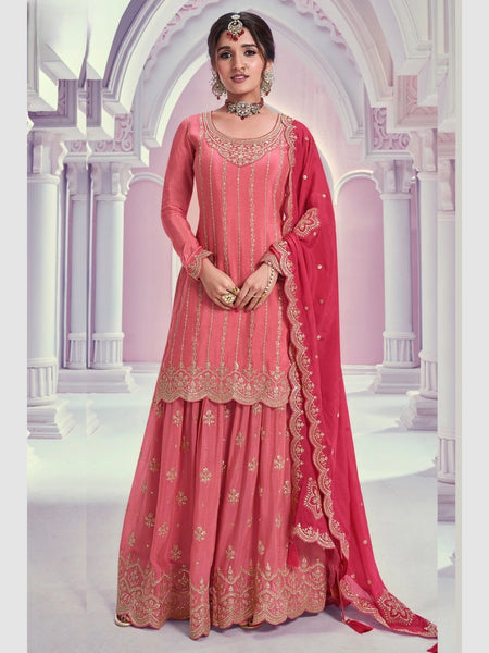 Pant Indian Dress - Coral Pink Chinon Heavy Embroidered Sharara Premium Festive Wear