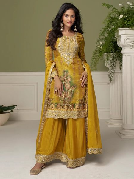 Indian Dress - Yellow Real Chinon Embroidered Elegant Palazzo