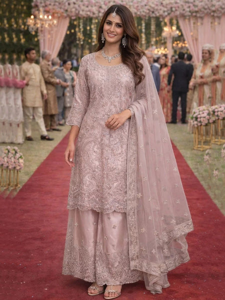 Pant Indian Dress - Blush Pink Net Heavy Embroidered Sharara Luxury