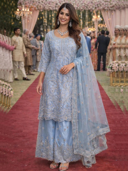 Pant Indian Dress - Powder Blue Net Heavy Embroidered Sharara Designer