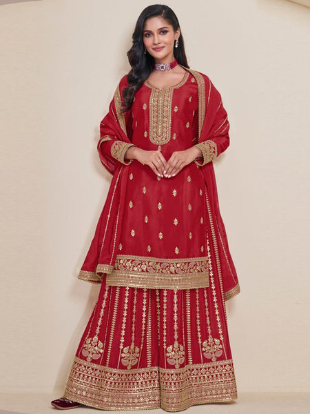 Red Indian Dress - Embroidered Thread Chinon