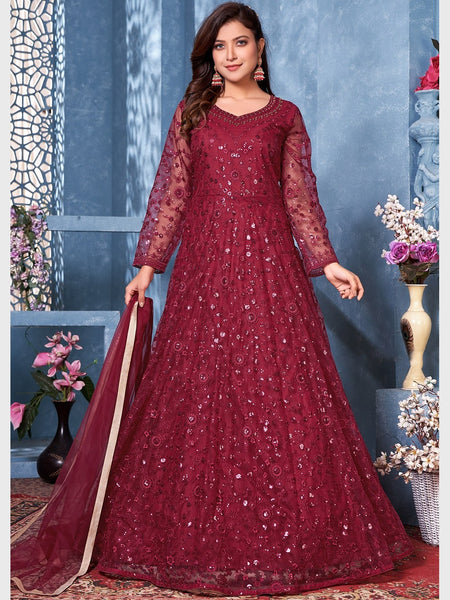 Red Indian Dress - Embroidered Net - Anarkali Dress