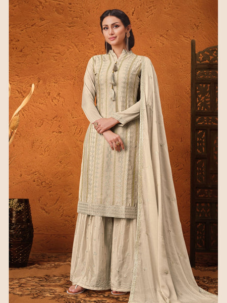 Grey Salwar Kameez - Chinnon Sequins Embroidery