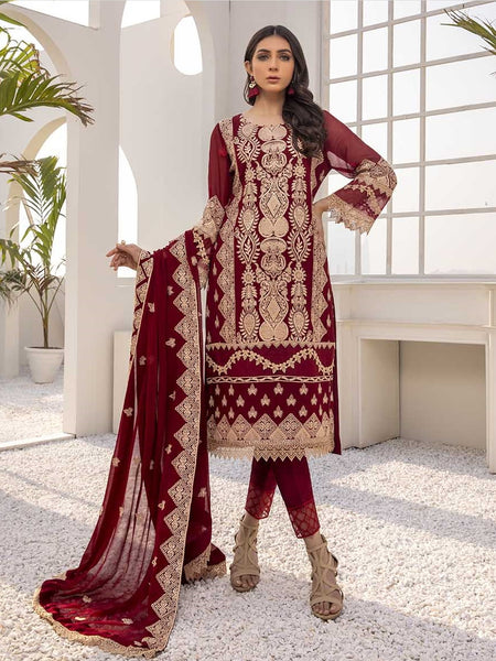 Pakistani Salwar Kameez - Embroidered Chiffon & Silk