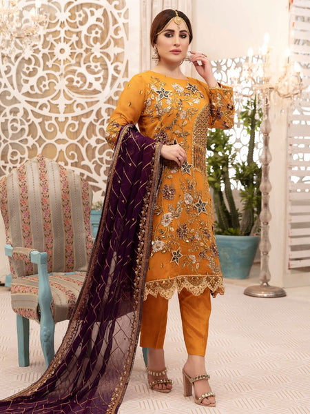  Pakistani Dress - Embroidery on Chiffon & Silk
