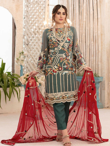  Pakistani Dress - Embroidery on Chiffon & Silk