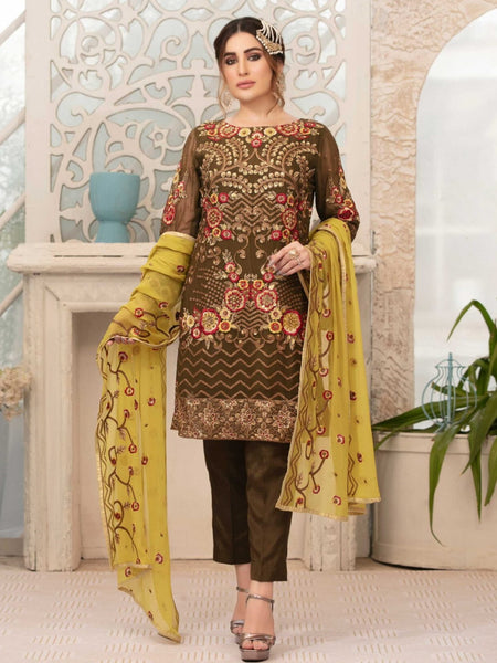  Pakistani Dress - Embroidery on Chiffon & Silk