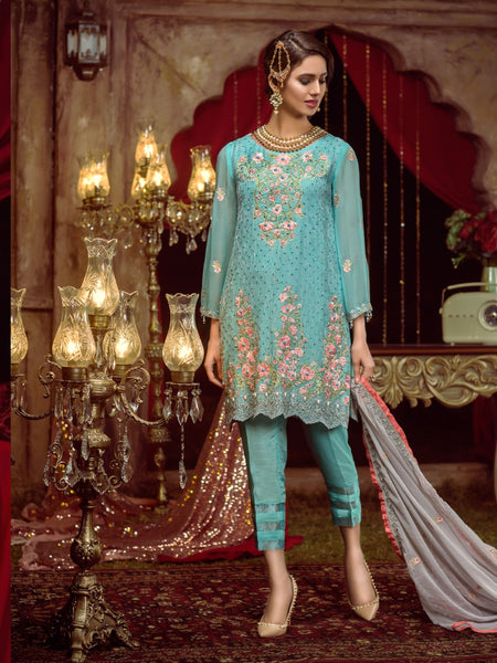 Blue Salwar Kameez - Chiffon & Silk Embroidery