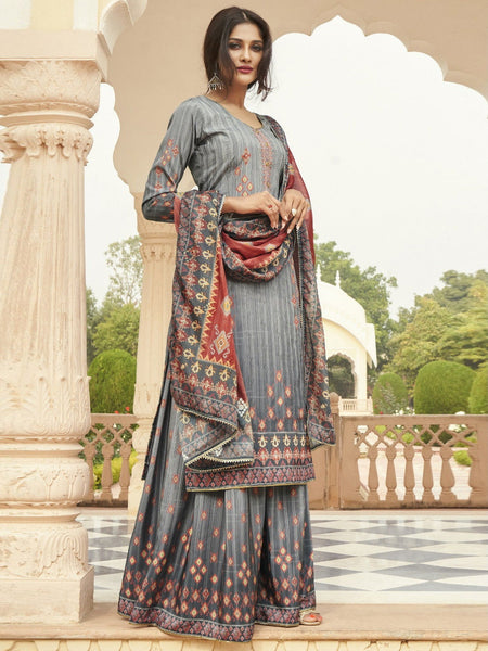 Grey Salwar Kameez - Natural Crape Embroidered