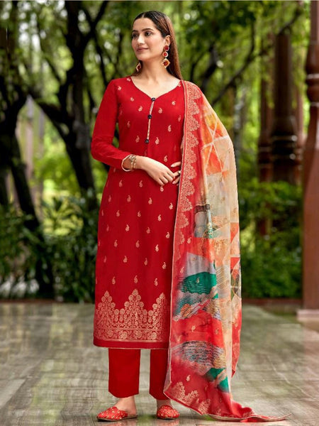Red Indian Dress - Embroidery Pure Jacquard