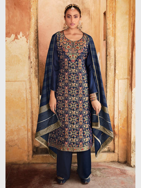 Blue Salwar Kameez - Silk Minakari Jacquard